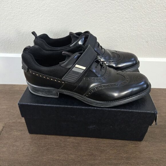 PRADA Black Leather Hook & Loop Men's Wingtin Brogues Oxfords Italy 12US - Picture 1 of 11